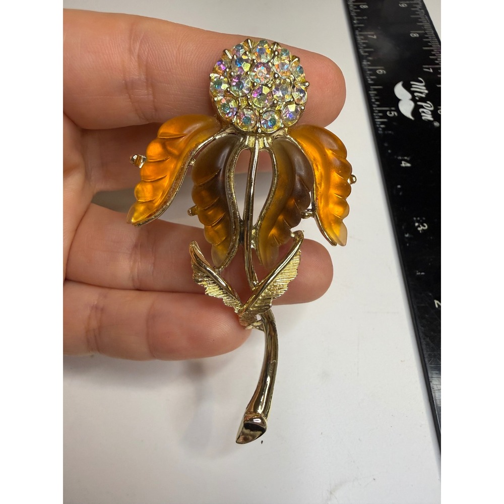 Gold Tone Amber Lucite Flower Brooch AB Rhinestone Floral Pin Statement Jewelry